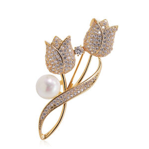 Double Tulip Brooch - Crystal Flower Pin for Blazer & Coat Trendy Korean Style Jewelry (Sparkling & Fashionable)