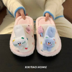 XIXITIAO Cute Blue and White Kitten Home Floor Furry Shoes Casual Fashion Bedroom Closed-Toe Warm Cotton Slippers for Women Winter