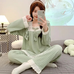 5XL Plus Size Pajama Set for Women Soft Cotton Princess Style Sleepwear Long Sleeve Pants with Square Neck Home Suit