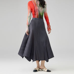 9869 One Size (45-75kg) Miyake Spring Irregular Patchwork Solid Color Pleated A-Line Skirt Slimming