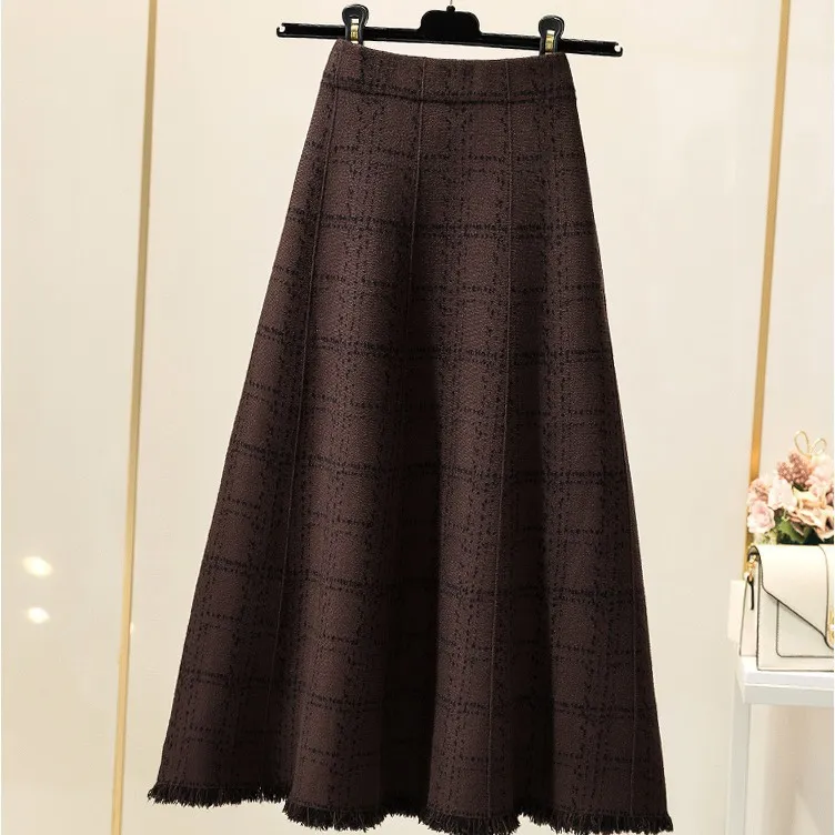 COD Women Knitted Long Plaid Skirt Spring Autumn Winter Thick