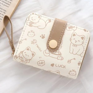 Cute Cat Mini Wallet for Girls: Lightweight Zipper Coin Purse with Multiple Card Slots ID Holder