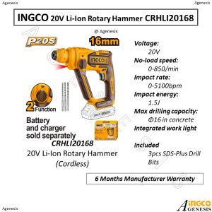 INGCO 20V Li-Ion Rotary Hammer Drill CRHLI20168