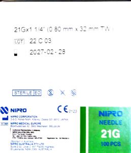NIPRO STERILE MEDICAL NEEDLE 21G X 1 1/4 INCH 32MM 100S ( 6 BOXES /PACK) EXPIRY 2029 GOODS SOLD ARE NON RETURNABLE