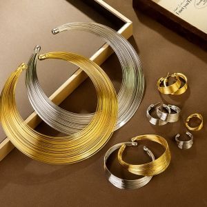 THANKSKY Nhẫn đeo ngón tay Bộ trang sức dây kim loại nhiều lớp Phong cách Hàn Quốc Bông tai Vòng cổ phóng đại Khí chất Hợp kim Đám cưới