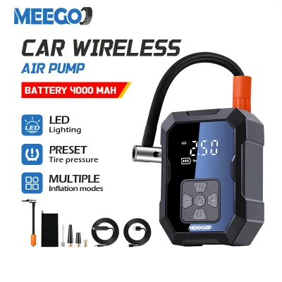 MeeGoo Wireless Car Air Pump Tire Inflator Air Compressor Portable Electric Air Pump 4000mAh Emergency Power Bank With LED Light Digital Display Support Preset Tyre Pressure