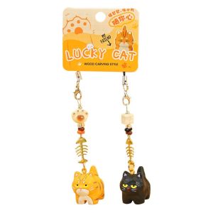 DUDAN 2Pcs Cute Cat Fishbone Keychain Bag Hanging Paw Beads Resin Cat Pendant Cartoon Ornaments Phone Lanyard Bag Decor