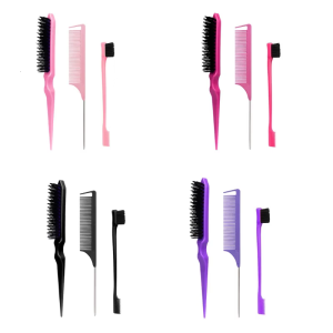 3Pcs Slick Back Hair Brush Set with 1 Pcs Edge Brush 1 Pcs Bristle Hair Brush 1 Pcs Rat Tail Comb Teasing Brush Set