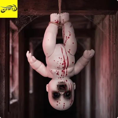 Hanging Halloween Ghost Doll Scary Prank Prop PVC Monster Toy for Adult Spooky Decoration with Red Splatter