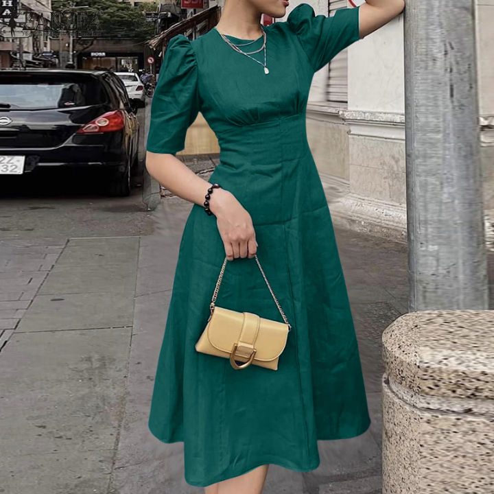 ZANZEA Women Fashion Crew Neck Solid Color Dresses Half Sleeve A-Line  Zipper Midi Party Dress #0811 | Lazada Singapore