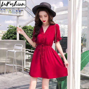Korean Style V-neck Short Sleeve Dress Women Casual Dresses