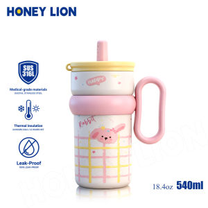 Portable 540ML Coffee Mug with Pop-Up Straw - Anti-Corrosion Inner for Fruit Juice & Milktea - 100% Spill-Proof Thermal Cup with Dust-Proof Cover- HoneyLion