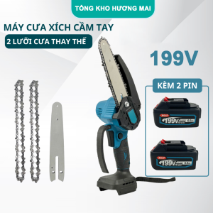 Bộ Máy Cưa Xích PIN 199V Dùng Gia Đình Máy Cưa Xích Tay Mini Lam Xích Dài 18Cm Lõi Đồng Động Không Cơ Chổi Than