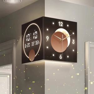 Digital Clocks Wall Moderm Luxury Creative Wall Clock Home Decor Living Room Double-Sided Creative Wall Lamp Corner Digital Display Electronic Screen Corner Wall-Mounted Punch-Free Luminous Clock Digital Clocks Wall Moderm Luxury