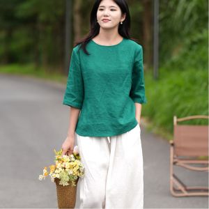 LUCKIN STORE Cotton Linen Top for Women Solid Color Short Sleeves Thin T-shirt Womens Loose Leisure Versatile Top 2025 Summer New V-neck Blouse