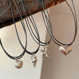 [haoh] Retro Black Rope Heart Pendant Necklace For Women Starfish Clavicle Chain Necklace Trendy Accessories Gift