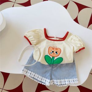 ฤดูร้อนเด็กใหม่เวอร์ชั่นเกาหลีของเด็กผู้หญิงเด็กผู้หญิงน่ารักดอกไม้พิมพ์เสื้อยืดแขนสั้นหวานด้านบน