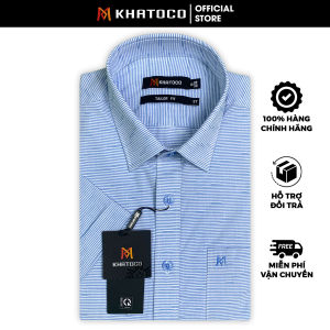 Sơ Mi Sọc Ngang Tay Ngắn Xanh Dương - Trắng Form Tailor Fit Chống Nhăn Lai Ngang - Áo Nam Khatoco