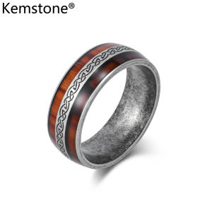 Kemstone Celtic Knot Stainless Steel Ring with Wood Grain Inlay – Vintage Style Band