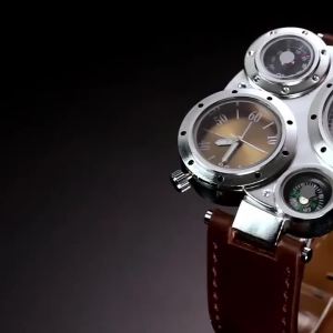 OXOOulm Oulm Dual Time Zone Mens Leather Belt Watch Large Dial Compass Quartz Watch watch