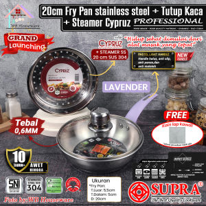 SUPRA panci Fry pan 20cm stainless SUS304 handle Pinkj + tutup kaca viliron 20cm+ steamer 20cm professional series / wajan penggorengan masak Komplit