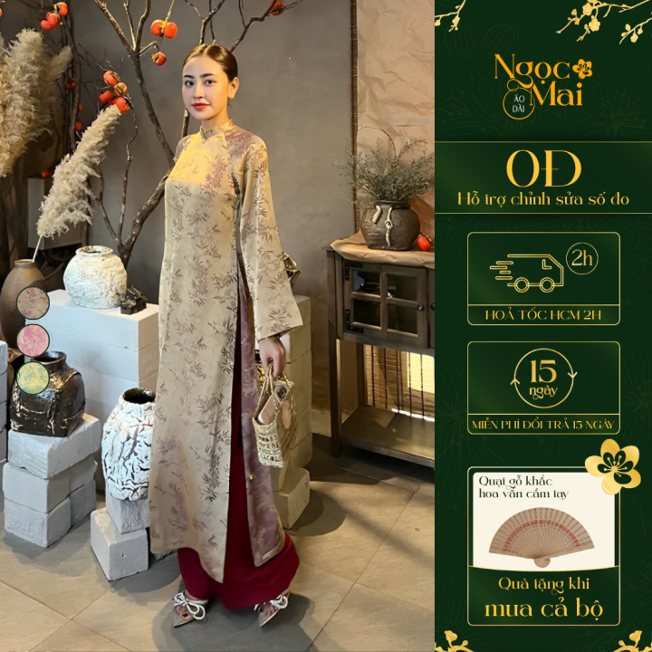 Áo dài nữ Giai Ý cách tân dáng suông cổ cao vải gấm tơ đính đá hoa tay ...