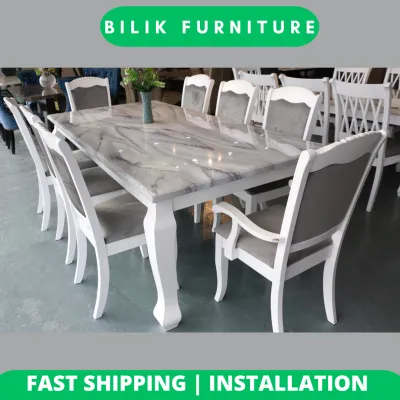 ✨ Free Delivery & Install ✨ 1 + 8 or 1 + 6 White & Brown Premium Marble Wood Dining Set - Set Meja Makan 8 Kerusi - Dining Room- 餐桌椅
