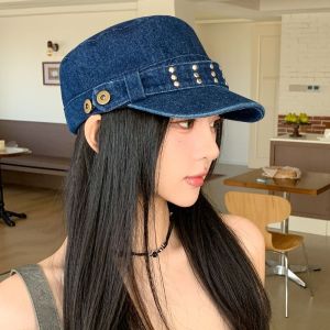 ELFINL Cloth Rivet Denim Beret Y2k Washed Denim Rivet Flat Top Personality Fashion Denim Octagonal Hat Ladies