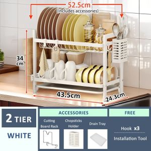 SJorage 🔥2/3-Tier Dish Rack Kitchen Organizer with Drainer Stainless Steel Kitchen Storage Rack