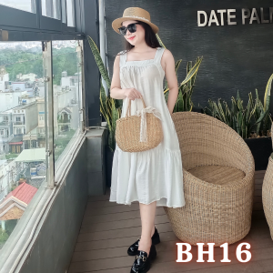 Đầm Lụa Linen Xước cổ vuông 2 dây to bản - BH16