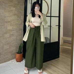 Celana Wanita Celana Bahan Krinkle Kulot wanita loose pant pinggang karet tali serut
