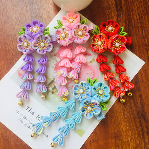 LYM Japanese Kimono Fabric Flower Folding Fan Children Hair Accessories Clip Tassel Headwear Headdress Barrette