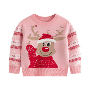 Hot-Selling Childrens Christmas Sweater for Girls Cartoon Reindeer Jacquard Round Neck Base Pullover Long Sleeve Knitwear