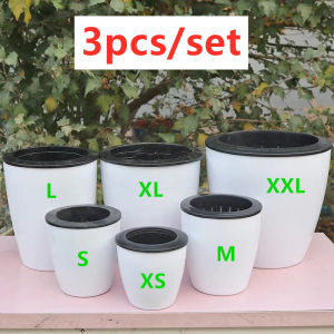 JUWE 3PCS/Set Round Thicken Plastic Flowerpot Garden Supply Durable Self Watering Planter Automatic Plants Basket Home Decor White Flower Pots