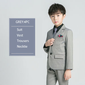 110-150cm ชุดสูทเด็กผู้ชาย ชุดสูทเด็กแต่งงาน 4ขิ้น เสื้อโค้ท + เสื้อกั๊ก + กางเกง + ผูกโบว์ เหมาะสำหรับ ปาร์ตี้วันเกิด การแสดงบนเวที 【จัดส่งจากประเทศไทย】