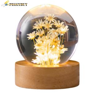 10THFlower Desk Lamp with Woodern Base Forever Flowers Crystal Ball Light Office Home Decor Round Ball Night Lamp