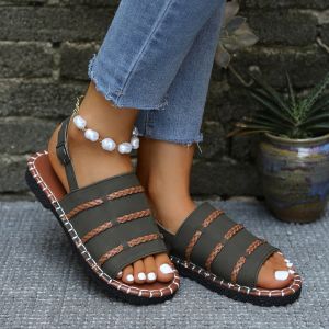 [Free Shipping] Plus-Size WomenS Summer New Style Flat Woven Open-Toe Beach Sandals With Buckle