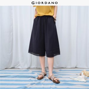 Giordano Women 100% cotton lace trim wide leg cropped pants Free Shipping 18426104