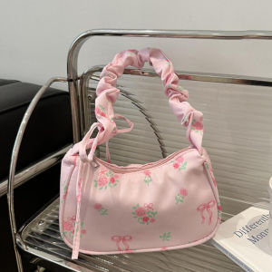 Simple Ruched Flower Pleated Underarm Bag Ruched Sweet Nylon Handbag Fashion Bowknot Handle Portable Floral Shoulder Bag Gifts