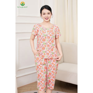 Bộ nữ mặc nhà chất Lanh mềm mại quần lửng áo cộc tay họa tiết thời trang Việt Thắng - B06.5048