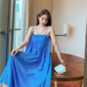 IELGY crumpled slip dress womens vacation beach blue dress