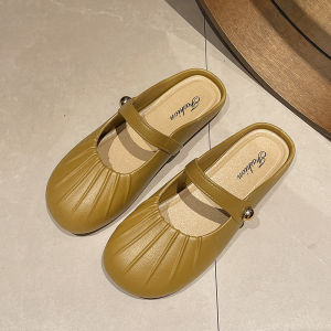 [Free Shipping] Four-season womens mule shoes with a pleated design and small gold beads on the side - 2.0CM wedge heel fashion womens shoes