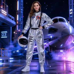 DJDK Silver Astronaut Costume Jumpsuit Style Fancy Dress Spacesuit Women Cosplay Costume Halloween