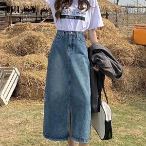 IELGY ผู้หญิงกลางความยาวเป้าครอบคลุม A-Line กระโปรงยีนส์เอวสูง Slit