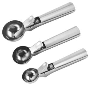 MANKA 3pcs Stainless Steel Ice Cream Scoop Press-type Design Rust-proof Ice Cream Ball Digger Durable Different sizes Fruit Ball Spoon Dessert Shop