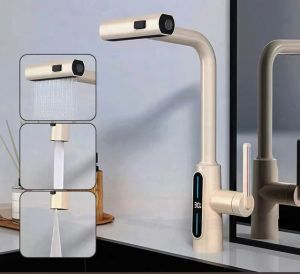 QUITE Kitchen Faucet Digital Display Pull Out Lead Free Hot and cold Brass Rotation Sink Mixer White Chrome Wallfall Style Basin Tap
