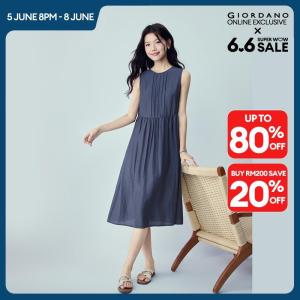 Giordano Women Pintucks round neck hollow out back midi dress Free Shipping 05466069