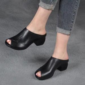 Free Shipping 2026 Summer New Collection: Retro-Style Chunky-Heeled Slip-On Sandals Peep-Toe Shoes Mid-Heel Soft Leather Comfortable And Breathable Shoes For Moms