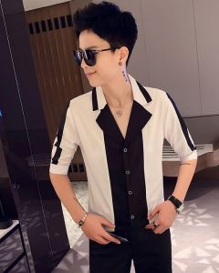 Áo sơ mi áo sơ mi nam áo sơ mi lửng tay phối 2 màu chủ đạo đen trắng cổ V - Chất liệu mềm mịn thoáng khí lên form đẹp - Mã N12