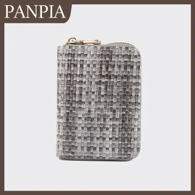 PANPIA Dễ thương pastel Tweed kẻ sọc chủ thẻ Dây Kéo Vàng nhiều khe cắm mini ví cho cô gái tuổi teen trường học hàng ngày sử dụng